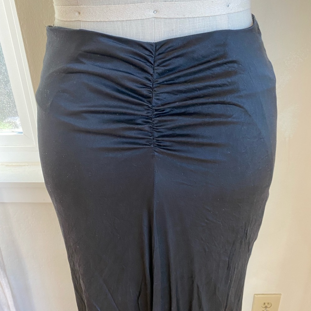 Black silk maxi skirt with ruched bum and train